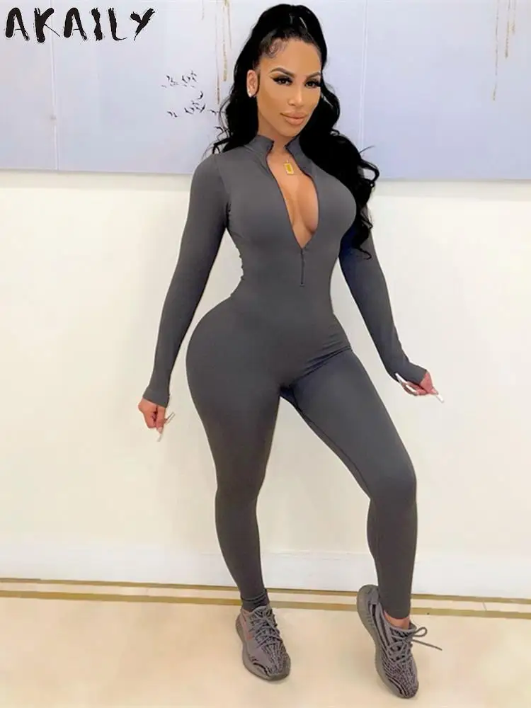 

Akaily летний серый комбинезон для женщин черный цельный костюм для фитнеса 2022 V Necj молния с длинным рукавом Облегающий комбинезон для женщин