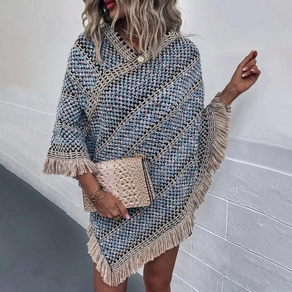 

Women's V-neck Ethnic Style Shawl Pullover Thick Knitted Cape Boho Striped Print Tassel Loose Cape Coat For Women