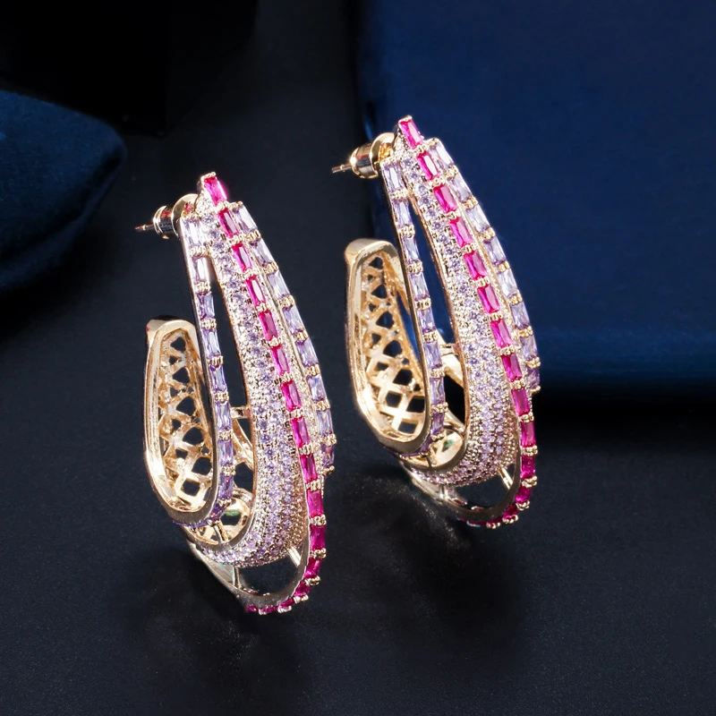 

ThreeGraces Luxurious Pink Cubic Zirconia Gold Color Long Big Chunky Hoop Earrings for Women New Fashion Party Jewelry E1201