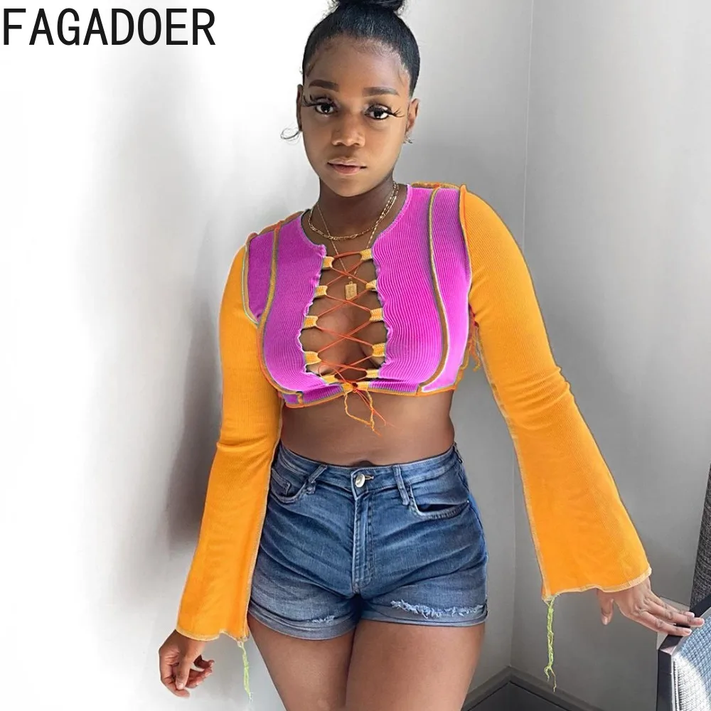 

FAGADOER Y2k Autumn 2023 Crop Top for Women Ribbed Knit Flare Long Sleeve Top Hollow Lace-up Bandage Sexy Streetwear Tshirt Tee