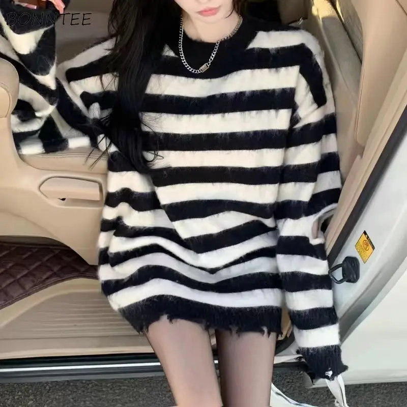 

Pullovers Women Retro Striped Minimalist Baggy Design Knitwear Simple Ulzzang High Street Ins Style Female All-match Sweater New