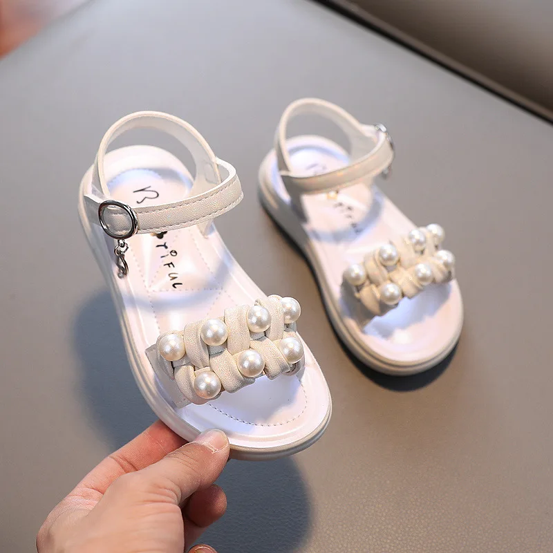 

Size 21-37 Fashion Girls Sandals Summer Shoes for Kids Girl Princess Shoes Soft Sole Children Pearl Sandals with Crystal Bow