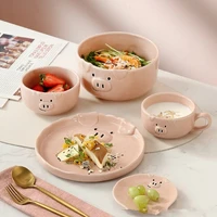 cartoon pink piggy ceramic bowl and plate korean cute girl tableware set creative home children%e2%80%98s dinnerware kitchen tools