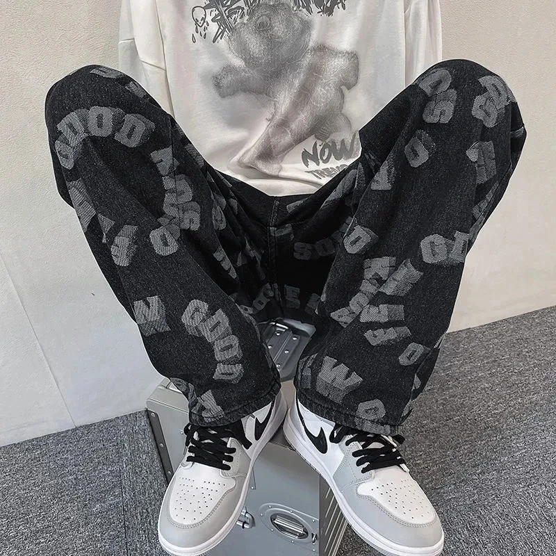 High Street  Man Denim Pants Trousers  Retro Y2k Straight Jean Streetwear Loose Mopping Pants Loose Design Fashion Casual Pant