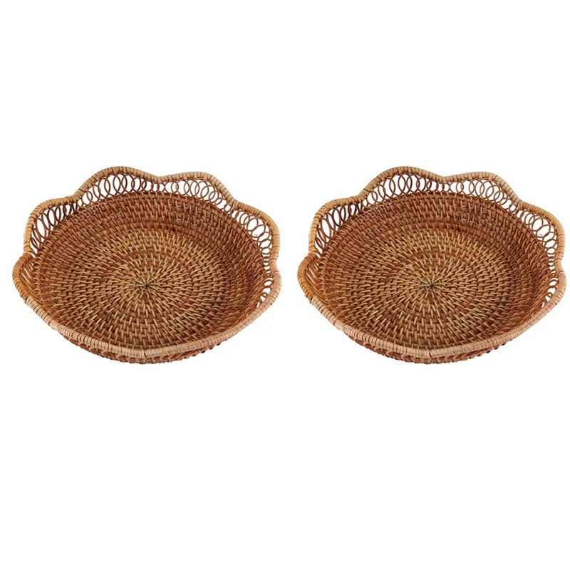 

2X Hand-Woven Rattan Storage Basket Fruit Basket Wicker Woven Tray Restaurant Small Container Home Decoration S-23X5.5Cm