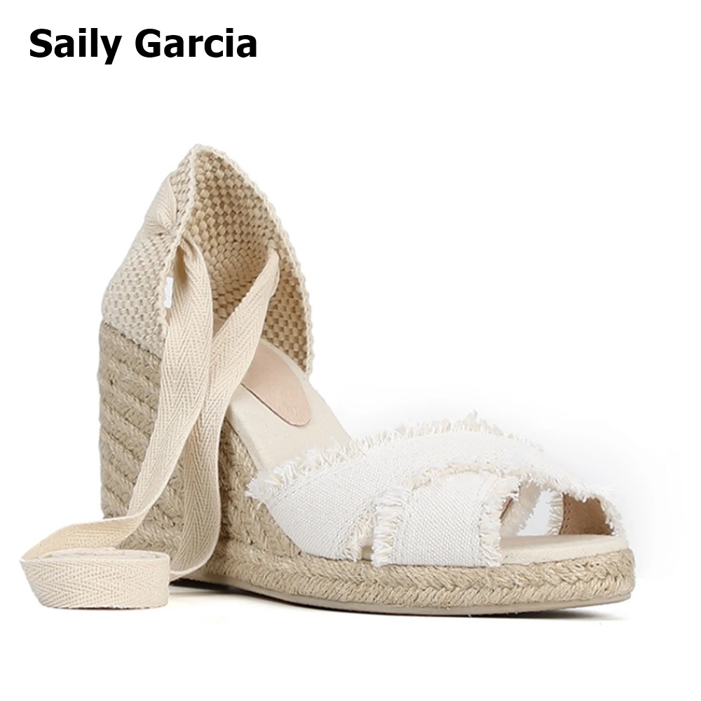 

Solid Open Toe Cross Tied Wedges Sandals 2023 Summer Fashion Straw Gladiator Shoes Round Toe Cross Belt Breathable Women Shoes