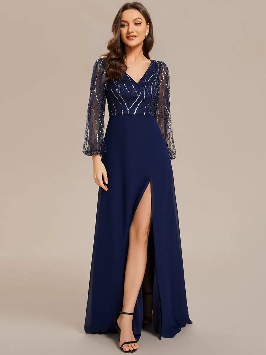 

Elegant Evening Dress Maxi Long Sequin High fork with Long Sleeves 2023 Ever pretty of A-Line Navy Blue Bridesmaid Dress