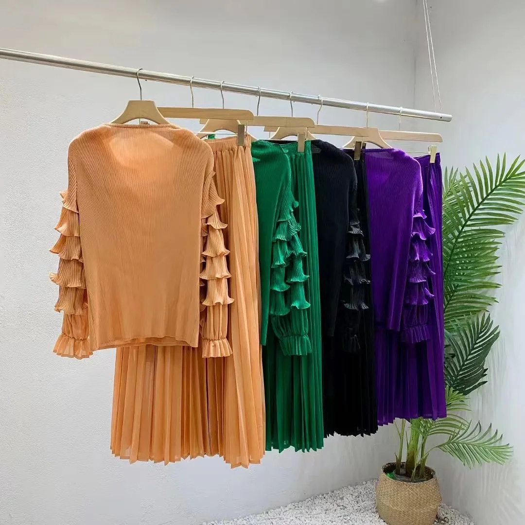 Женский костюм EGRM Miyake из двух предметов однотонный модный высокого качества с