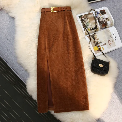 Vintage Asymmetrical Zipper Women's Skirt Slit Midi Skirts A-line Hight Waist Sashes Elegant Korean Fashion Corduroy Skirt 23768