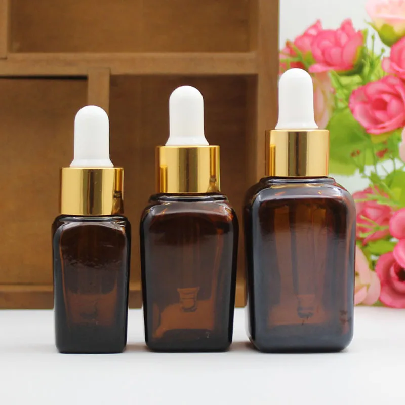 

6pcs Square Brown Glass Dropper Bottle Perfume Essence Cosmetic Container 10ml 20ml 30ml Gold Silver Black