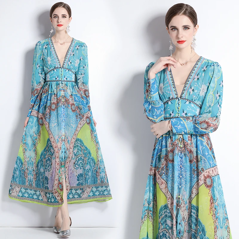 

Women's Early Spring New High-end Temperament V-neck Long Sleeve Single Breasted Printing Waist Fashion Resort Style Dress
