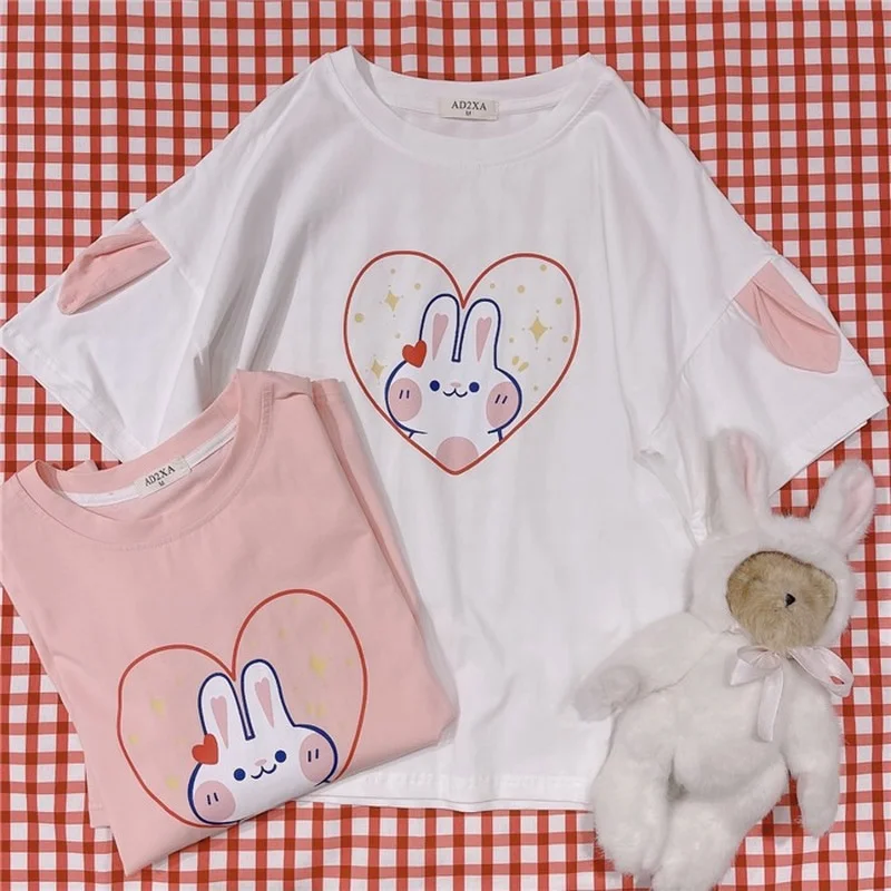 

Sweet Women's Short Sleeve T-shirt Korean Style Cartoon Cute Rabbit Print Clothing Girly Harajuku Casual Punk Anime Top Tshirts