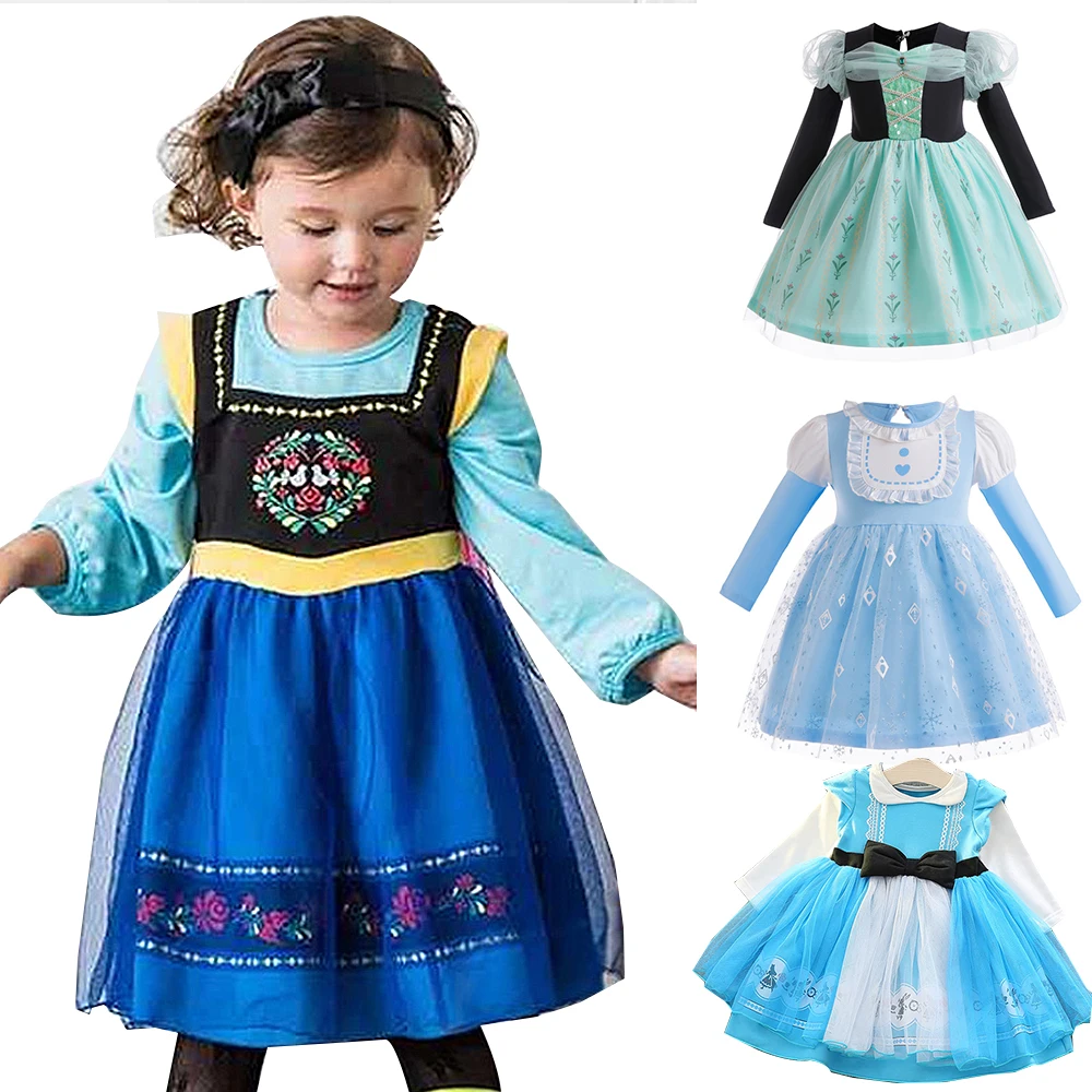 

Disney Frozen Princess Dress For Kids Girl Casual Long Sleeve Elsa Anna Costume Autumn Children Clothing 3-8Y Halloween Vestidos