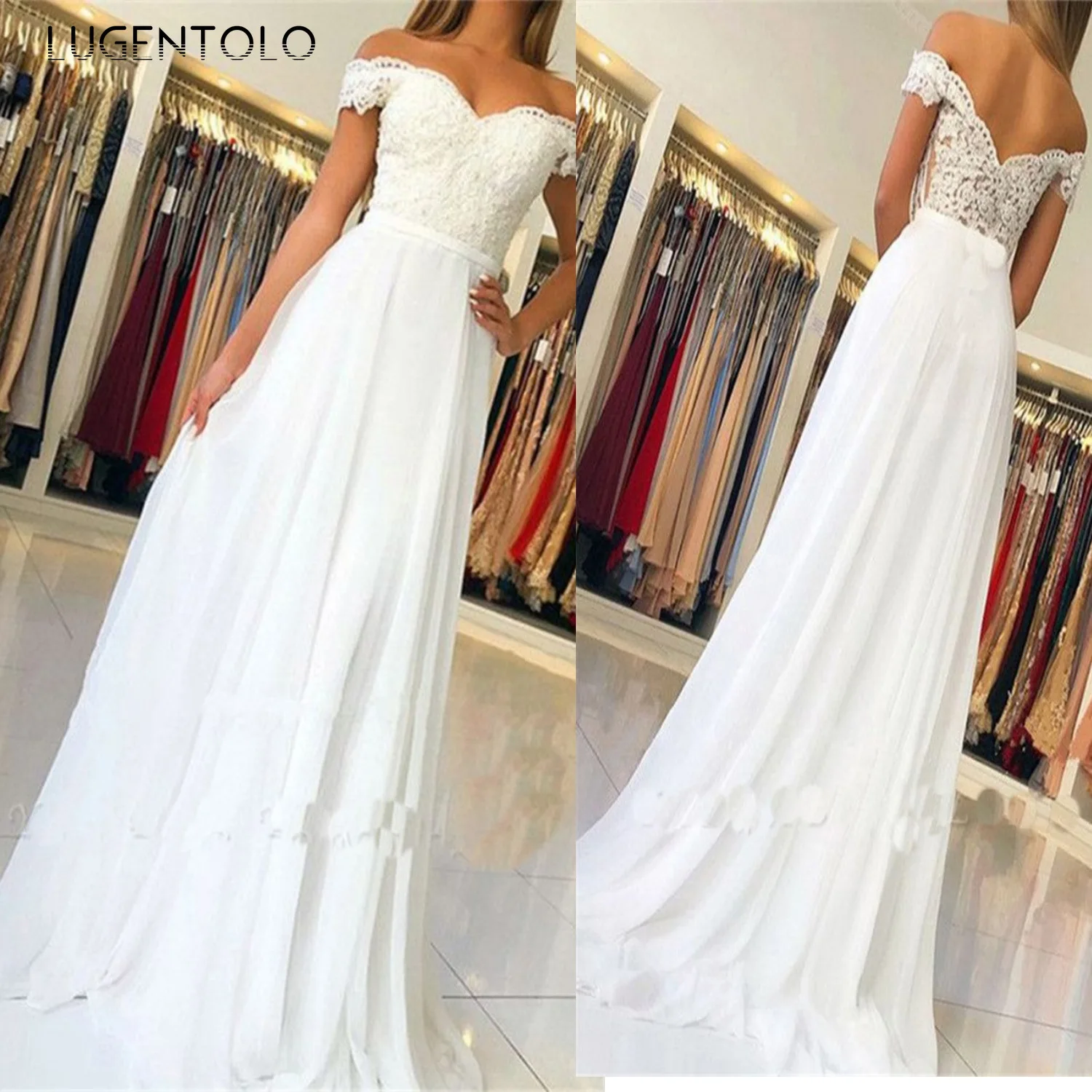 

Women Party Dress Lace Off The Shoulder White Slash Neck Sexy Ladies High Waist Big Swing Spring Summer Dinner Long Dress
