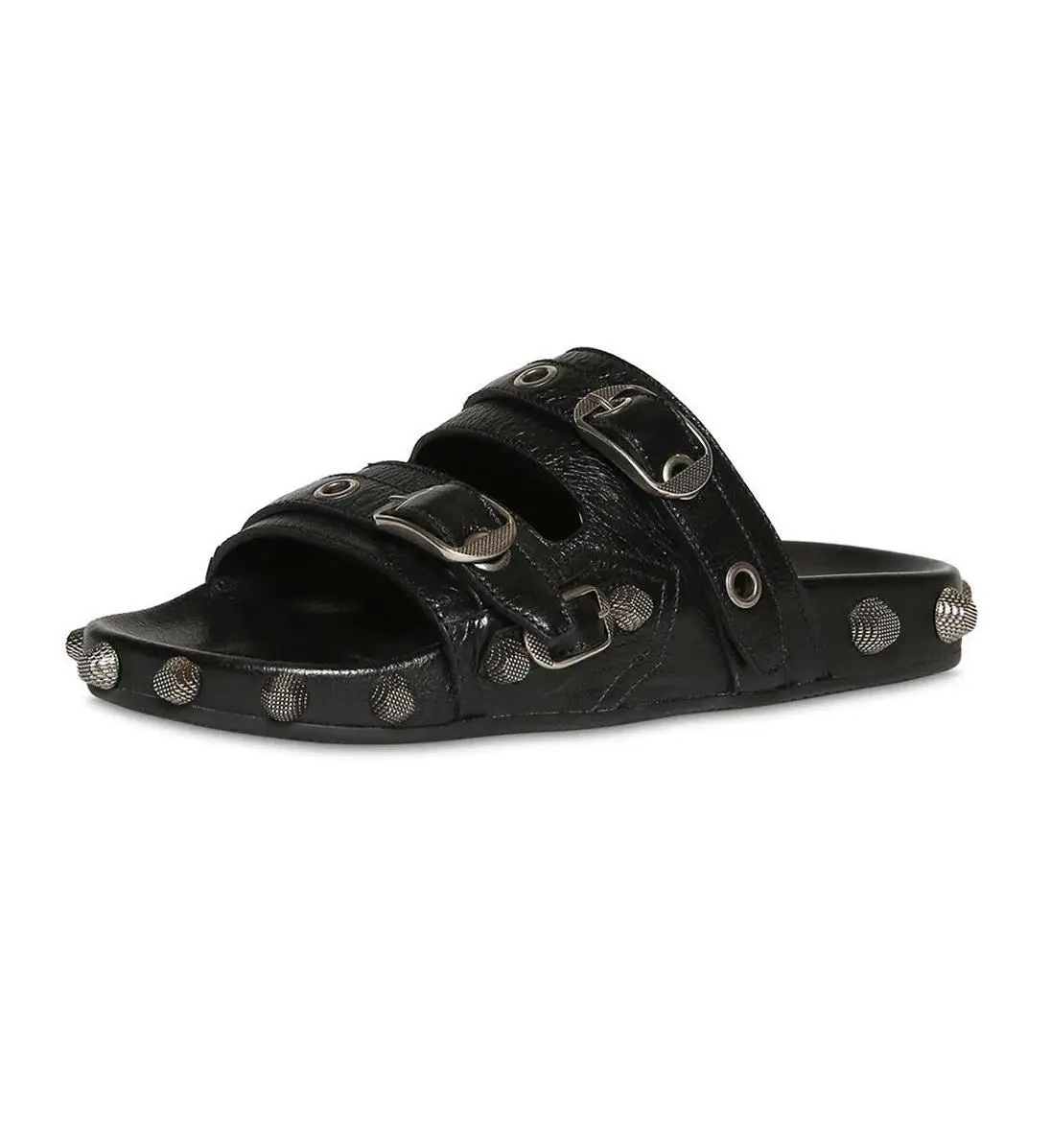 2023 Fashion Studs Buckles Open Toe Flat Shoes Black Sandals Outdoor Female Summer Slingback Slippers Luxury Shoes For Women