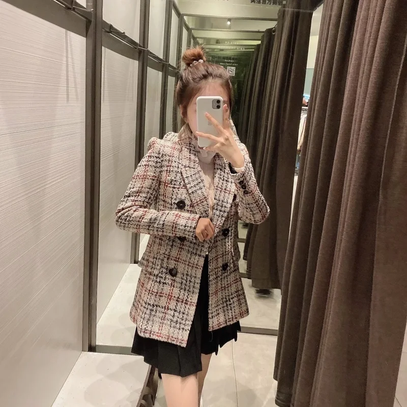 Woman Plaid Blazer Texture Temperament Ladies Lapel Western Slim Body Coat Jacket Women  Office Lady Blazer
