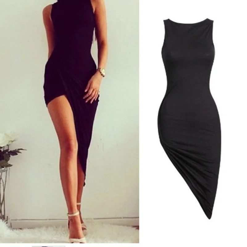 

New Sexy Oblique Pendulum Summer Women Dress O-Neck Solid Sleeveless Slim Dress Female Asymmetrical Mini Party Dress