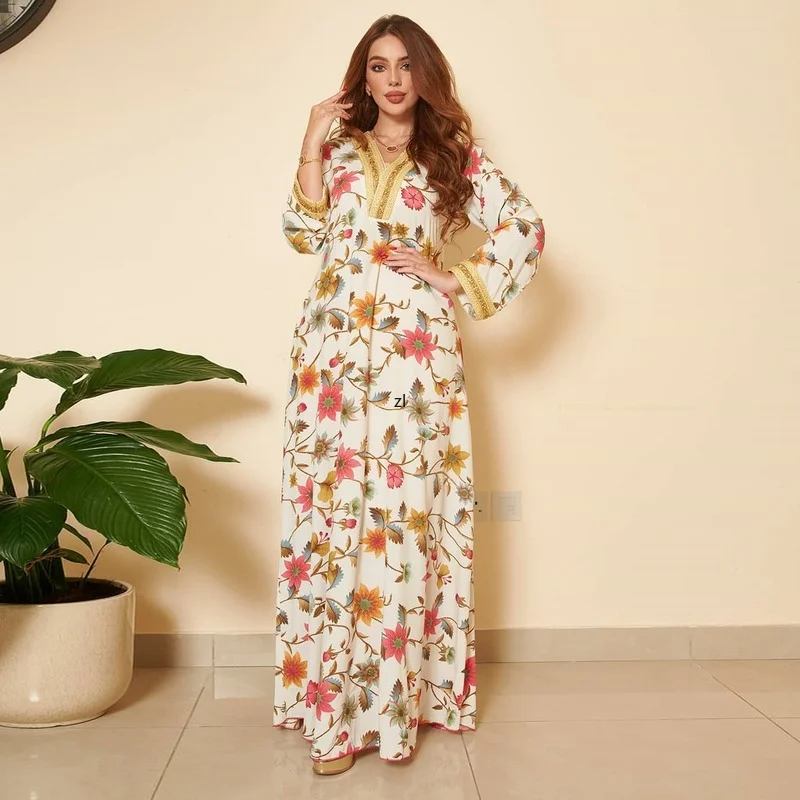 Ramadan Eid Maxi Dress for Women White Elegant Ethnic Floral Diamond Band Abaya Fashion Muslim Dubai Turkey Oman Arabic Clothes