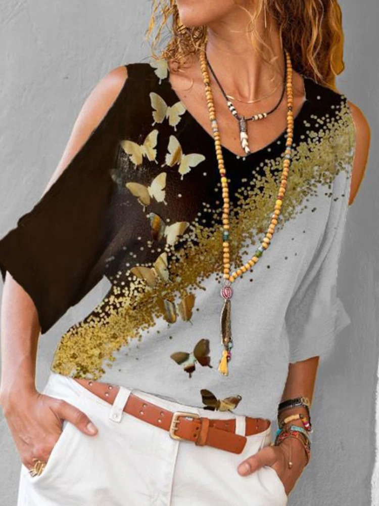 

Women Off Shoulder Casual Pullover Tops Half Sleeve Loose Ladies Chic Street Blouse Shirt Fashion Printed Elegant Blusa blouses