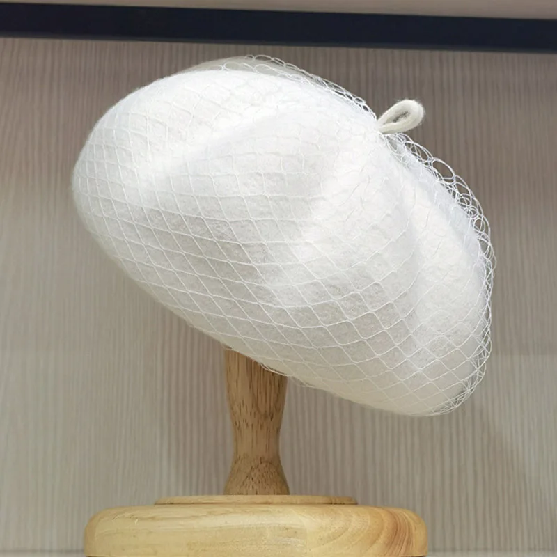 

French Style Wool Beret Winter Hats for Women Warm Fedora Hats Veil Netting Fascinator Hat Wedding Church Pillbox Hat