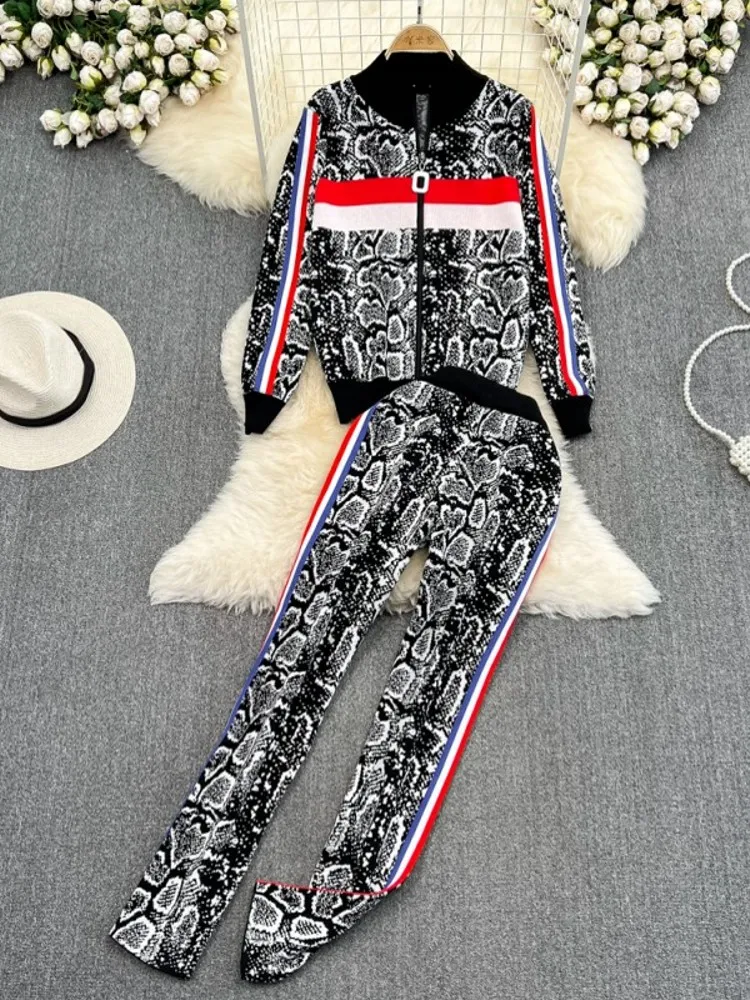 

Korean Women's Knitted Clothing Casual Sweater Turtleneck Zipper Cardigan Top + Trousers Outfit Pencil Pants Suit Two Pieces Set