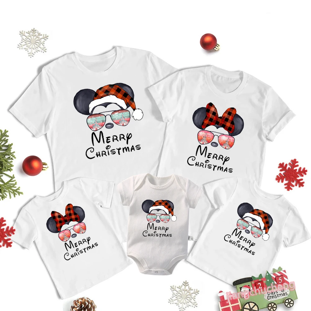 

Disney Christmas Shirts Funny Santa Hat Mickey Minnie Mouse Print Family Matching Outfits Cotton Dad Mom Kids Tees Baby Rompers