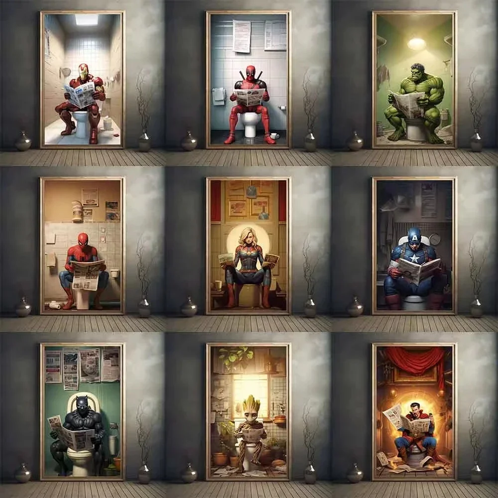 Фото Постер с забавными супергероями Marvel для туалета: Человек-паук, читает газету, мультяшный комикс, настенное искусство, холст, декор для комнаты №1