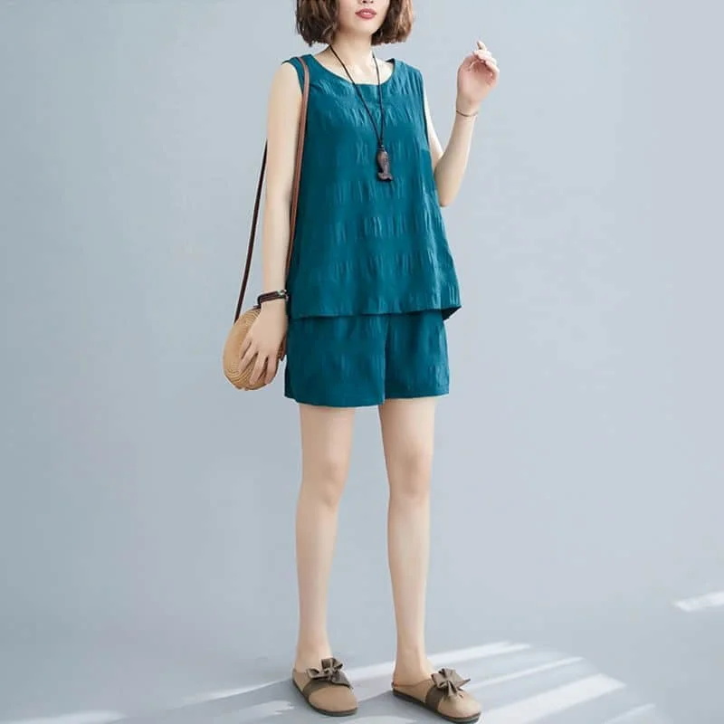 Однотонный комплект с шортами свободная футболка без рукавов круглым вырезом и