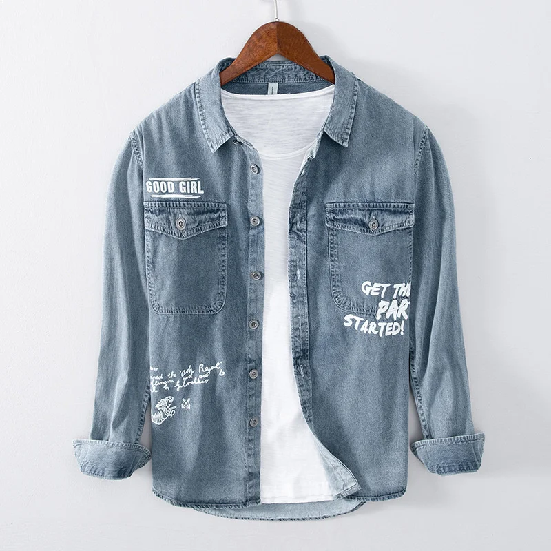 

Мужская джинсовая куртка, в стиле ретро, модная, повседневная, свободная, с принтом, с коротким рукавом, Мужское пальто, серия Весна и осень, ...