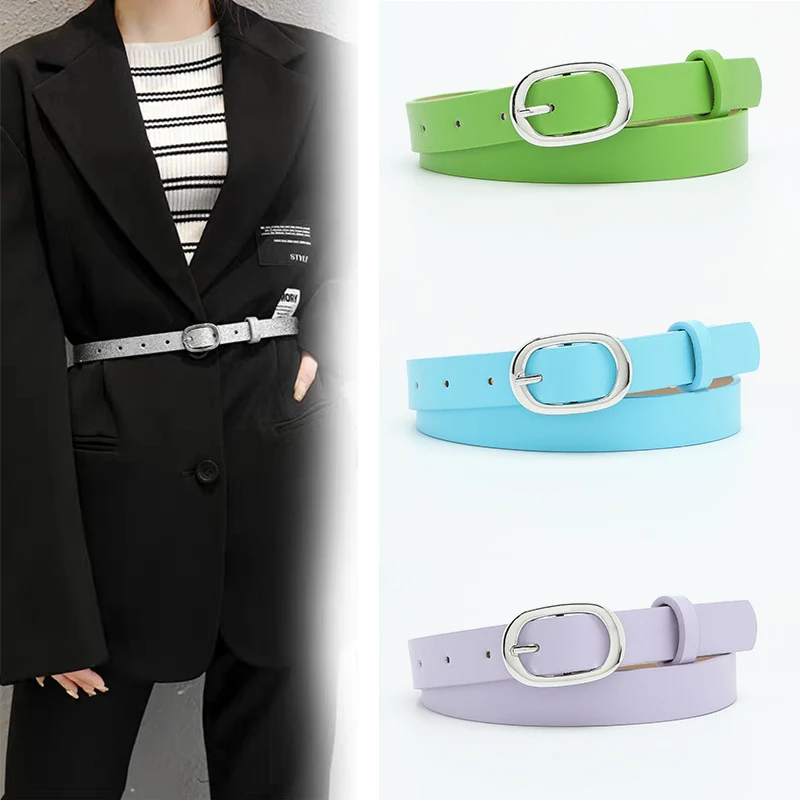 

Fashion Solid Colour Ladies Belt Silver Oval Day Word Buckle Waist Strap Simple Decorative Women's Shirt Dress Jeans Waistband