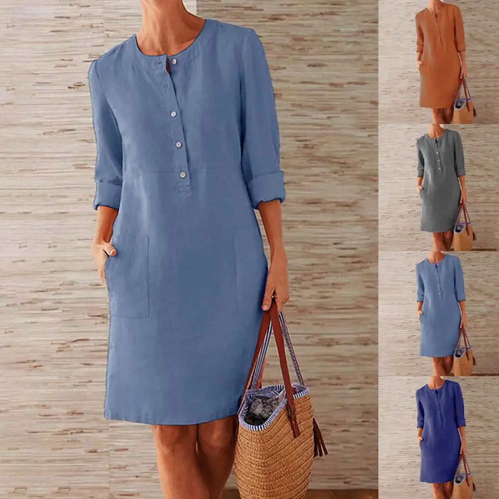

Loose Dress Buttons Solid Color Round Neck Dress Women Dress Women Round Neck Long Sleeve Buttons Dress for Daily Wear