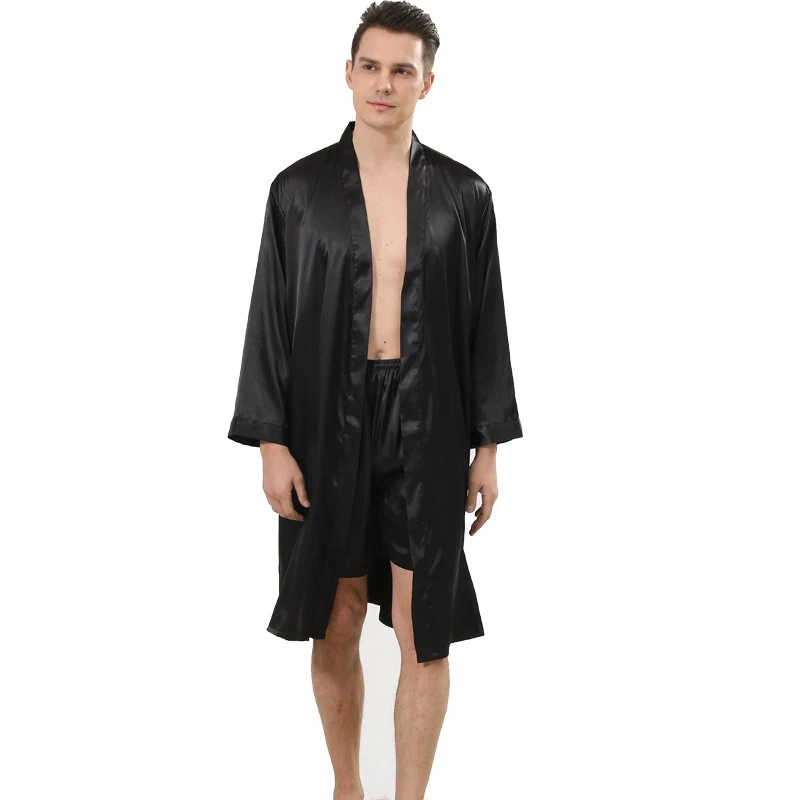 

Black Pajamas Set Men's Kimono Robe Sets Robe Shorts OR Pants Thin Cardigan Silk Robe Pijama Loose Long Sleeve Smooth Bathrobe