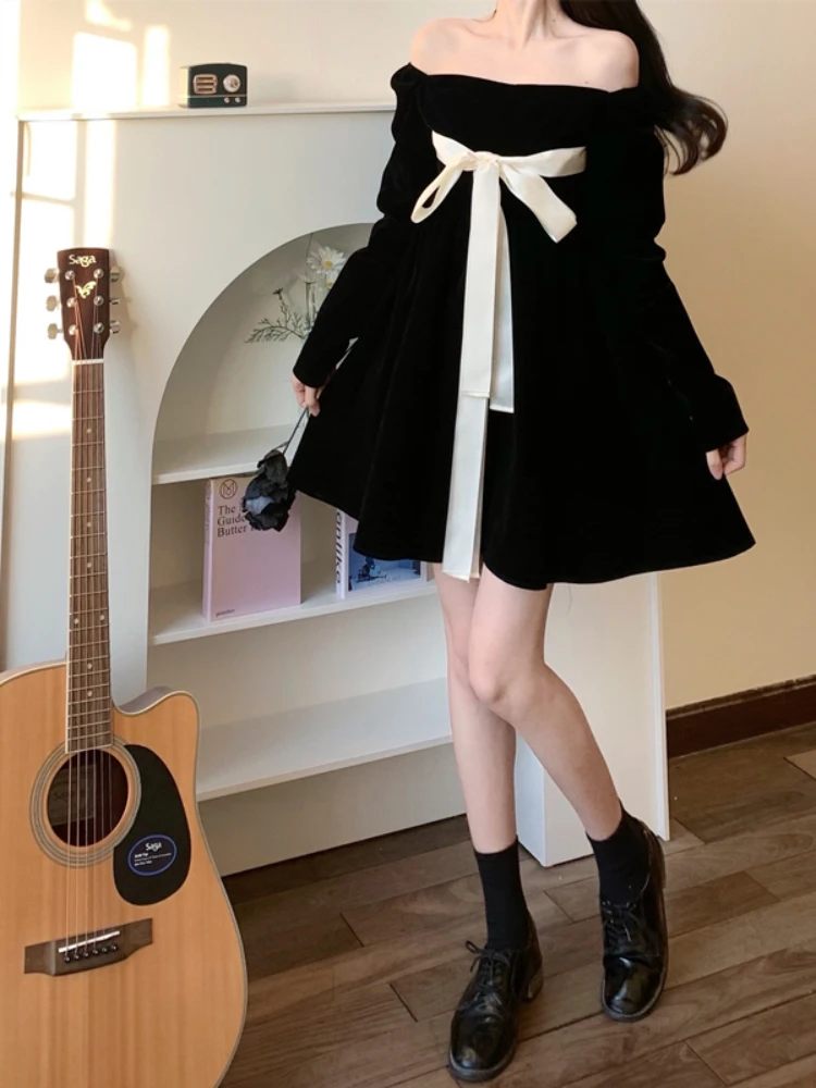 

French Black Velvet Long Sleeve Dress Women Spring New Vintage Pullover Bow Bangage Mini Dresses Large Size M-4XL