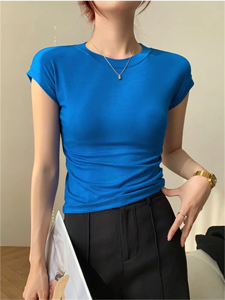 

Женская однотонная Трикотажная хлопковая Футболка реглан с коротким рукавом, облегающий спортивный кроп-топ с круглым вырезом, сексуальная облегающая футболка, Новинка лета 2023