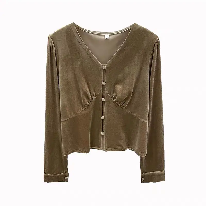 Fashion Women's Gold Velvet Shirt Long Sleeve T-shirt Button