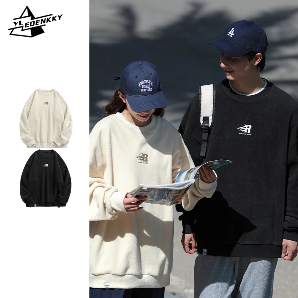 

Свитшот оверсайз в стиле Харадзюку для мужчин и женщин, флисовое пальто в стиле ретро, джемпер в стиле хип-хоп с вышивкой, свободная уличная одежда для пар, на осень