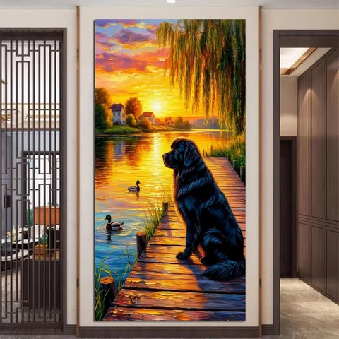 Алмазная живопись "Закат река собака", полный набор