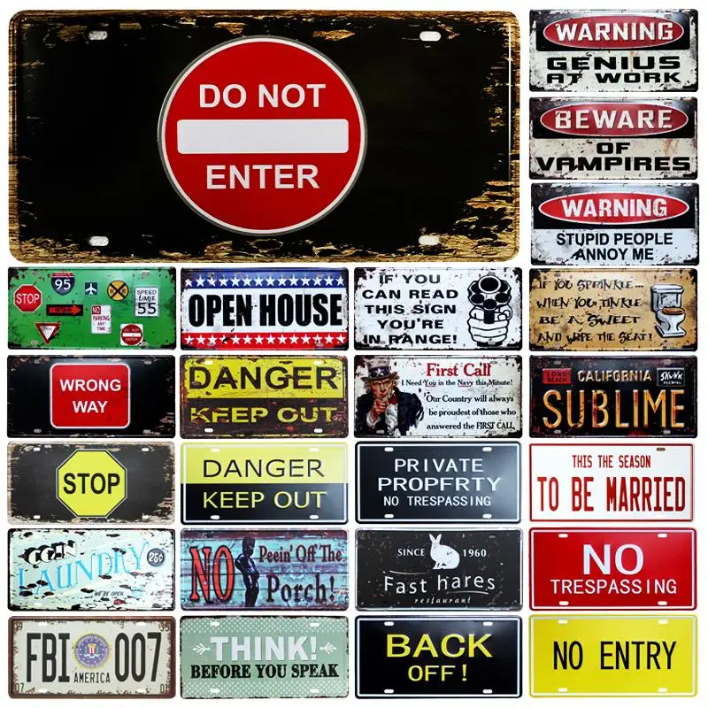 

Shabby Vintage Car Plate License Danger Stop Warning Text Signs Bar Garage Workshop Wall Plaques Home Decor Painting Tin Sign