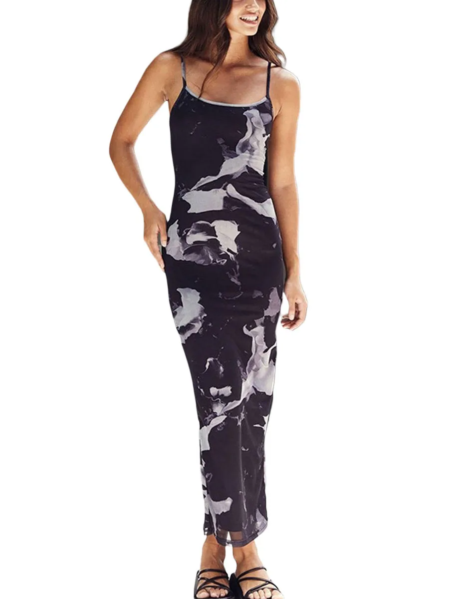 

Floral Lace Backless Bodycon Dress for Women - Sleeveless Spaghetti Strap Slim Fit Summer Club Dress with Printed Design