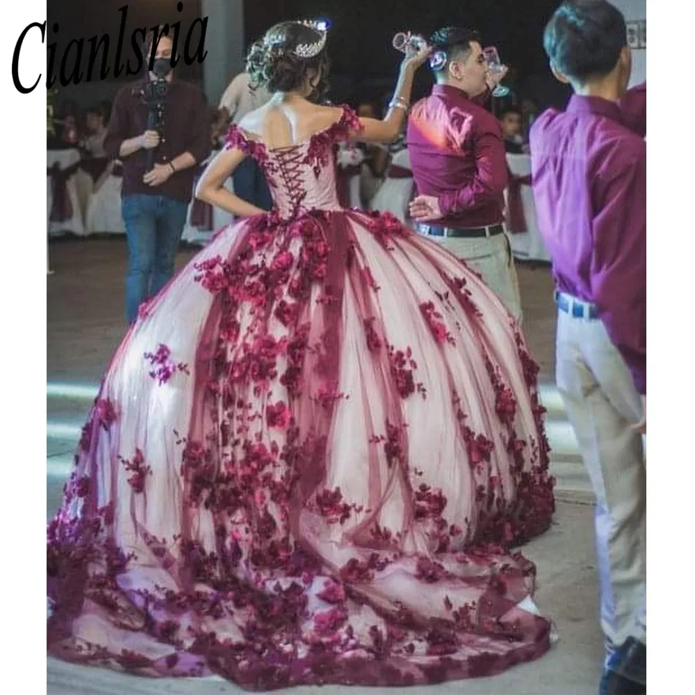 

Бальное платье цвета Бургунди, платья для Quinceanera, милые вечерние платья 15 цветов 3D Золушка 16, платья принцессы
