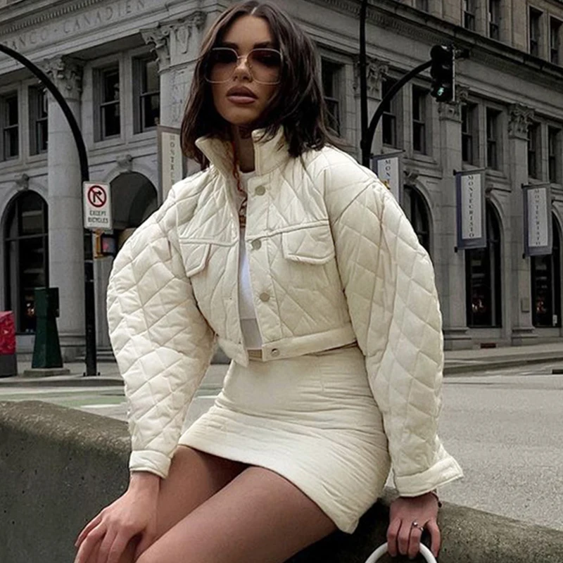 Fashion Button-Up With Rhombus Pattern Down Cotton Coat Casual Long Sleeve Top Winter Cropped Jacket Women 2022 Straight Outwear