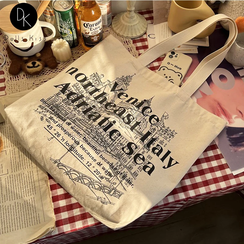 

Women Canvas Eco Bag Retro Venice Print Ladies Shopping Bag Daily Casual Handbag Large Capacity Shoulder Bag Student Book Bag