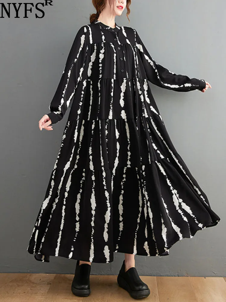 

NYFS 2023 Autumn New Loose Vintage Woman Dress Vestidos Robe Elbise Fashion Long Sleeve Floral Shirt Dresses