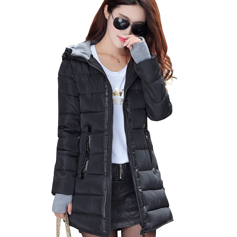 2022 Winter Women's Mid-length Cotton Clothes Women's Slim Coat Thickened Jacket Solid Color Hooded Zipper Jacket Basic Tops