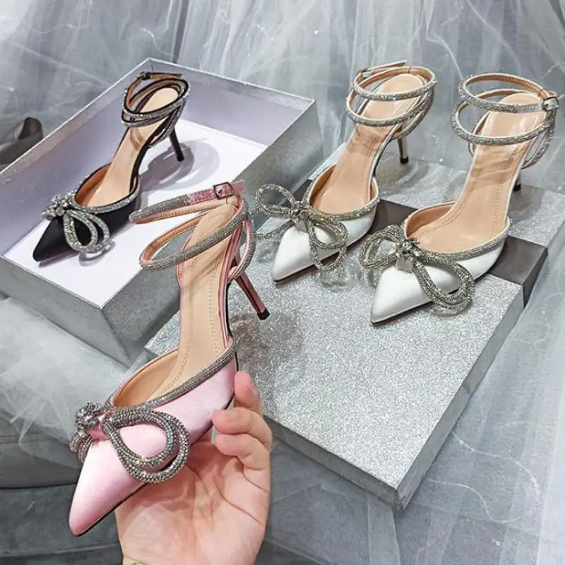 

Runway Style Glitter Rhinestones Women Pumps Crystal Bowknot Satin Summer Lady Shoes Genuine Leather High Heels Party Prom Shoes