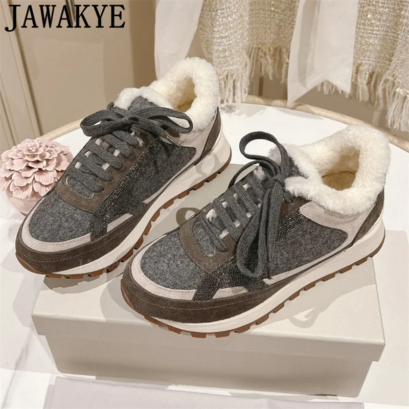 Женские кроссовки с шерстяной подкладкой круглым носком на шнуровке