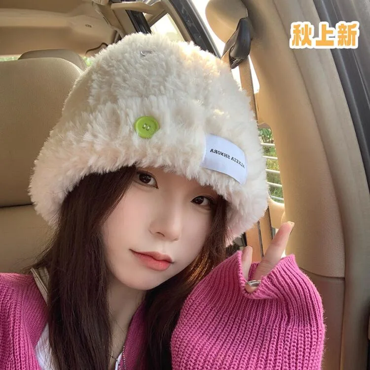 Korean-Style Button Imitation Fur Plush Knitted Woolen Cap Female Autumn and Winter Thickening Warm Ear Protection Bucket Hat
