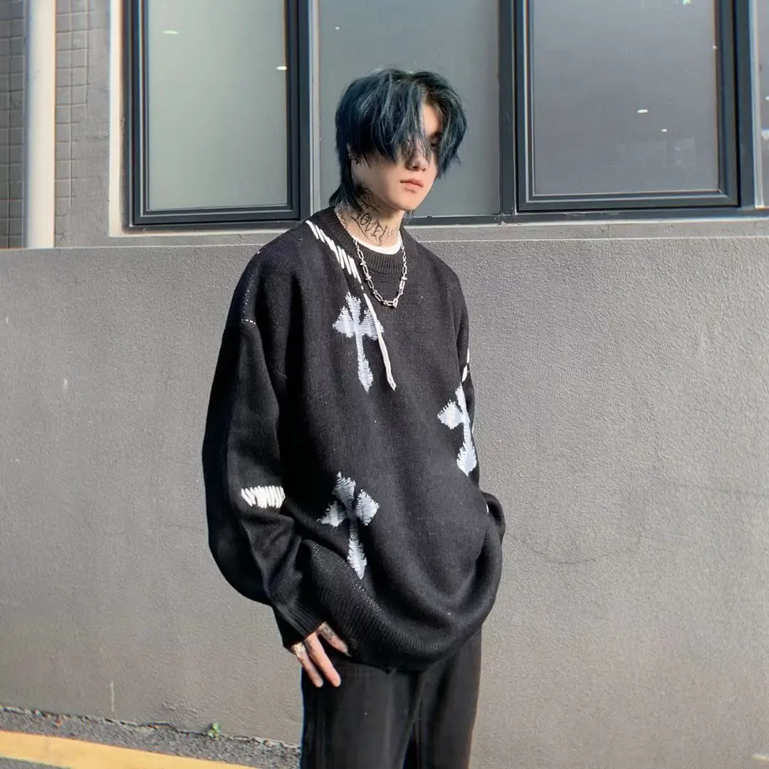 Abfer Autumn Winter Vintage Knitted Sweater Men High Street Cross Gothic Pullover Male Hip Hop Sweaters Casual Oversized Jumper