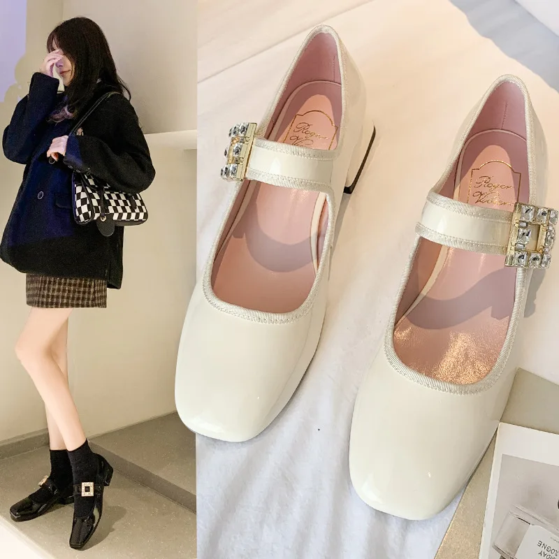 

Spring Sweet Wind Shallow Mouth Square Head Spring and Autumn New Low Top Fashion Mary Jane Rhinestone Single Shoes Women