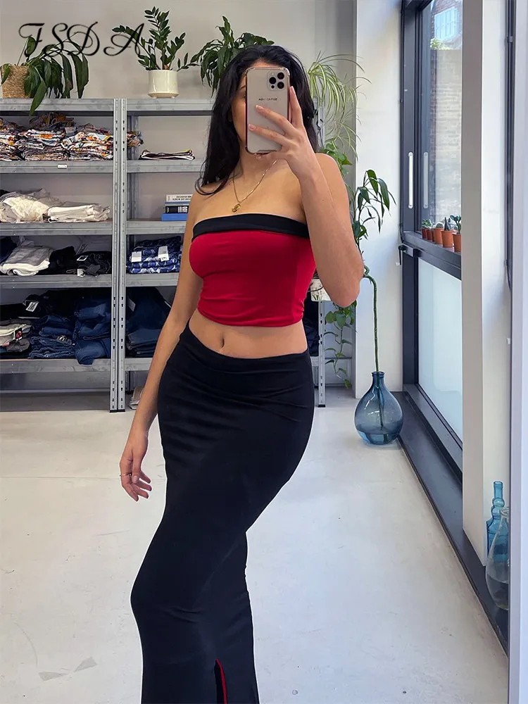 FSDA 2022 Summer Women Outfits Party Y2K Beach Strapless Crop Top And Midi Bodycon Skirt Set Two Piece Sexy Club